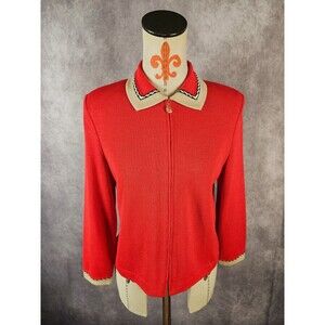 St. John Collection Womens 6 Red Beige Zip Up Red Stone Zip Cardigan Jacket EUC